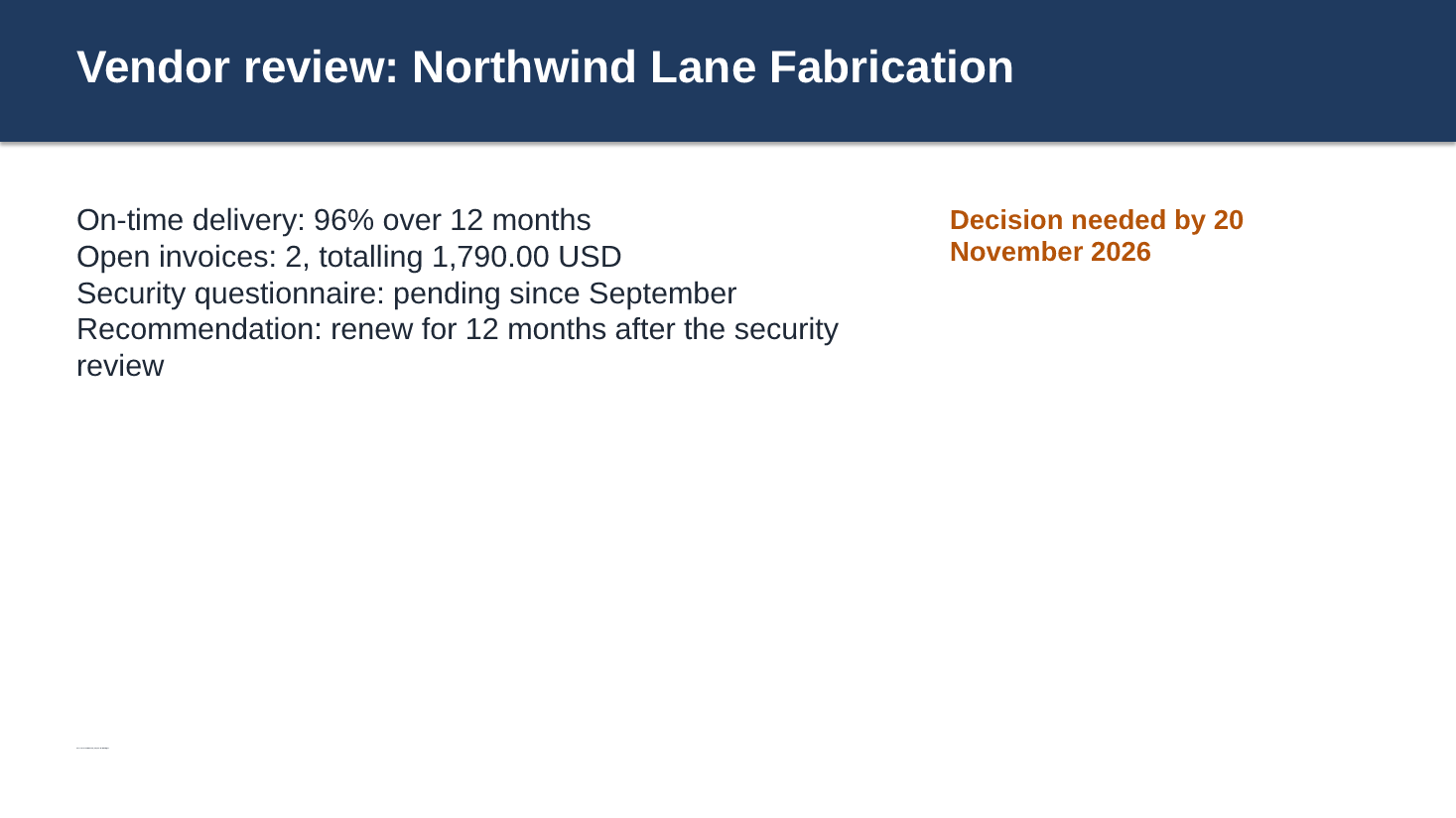 Rendered slide 1, Vendor review: Northwind Lane Fabrication, with four bullet points on delivery, invoices, the pending security questionnaire, and the renewal recommendation.